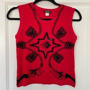 Vintage Elizabeth New York Red Beaded Sweater, Petite Small, Black Bead Applique